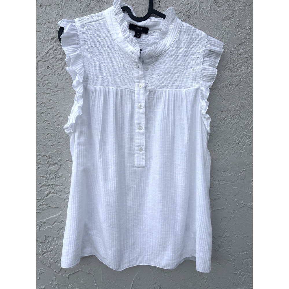 J.Crew White Cotton Gauze Smocked Ruffle Sleeveless Blouse Top Medium